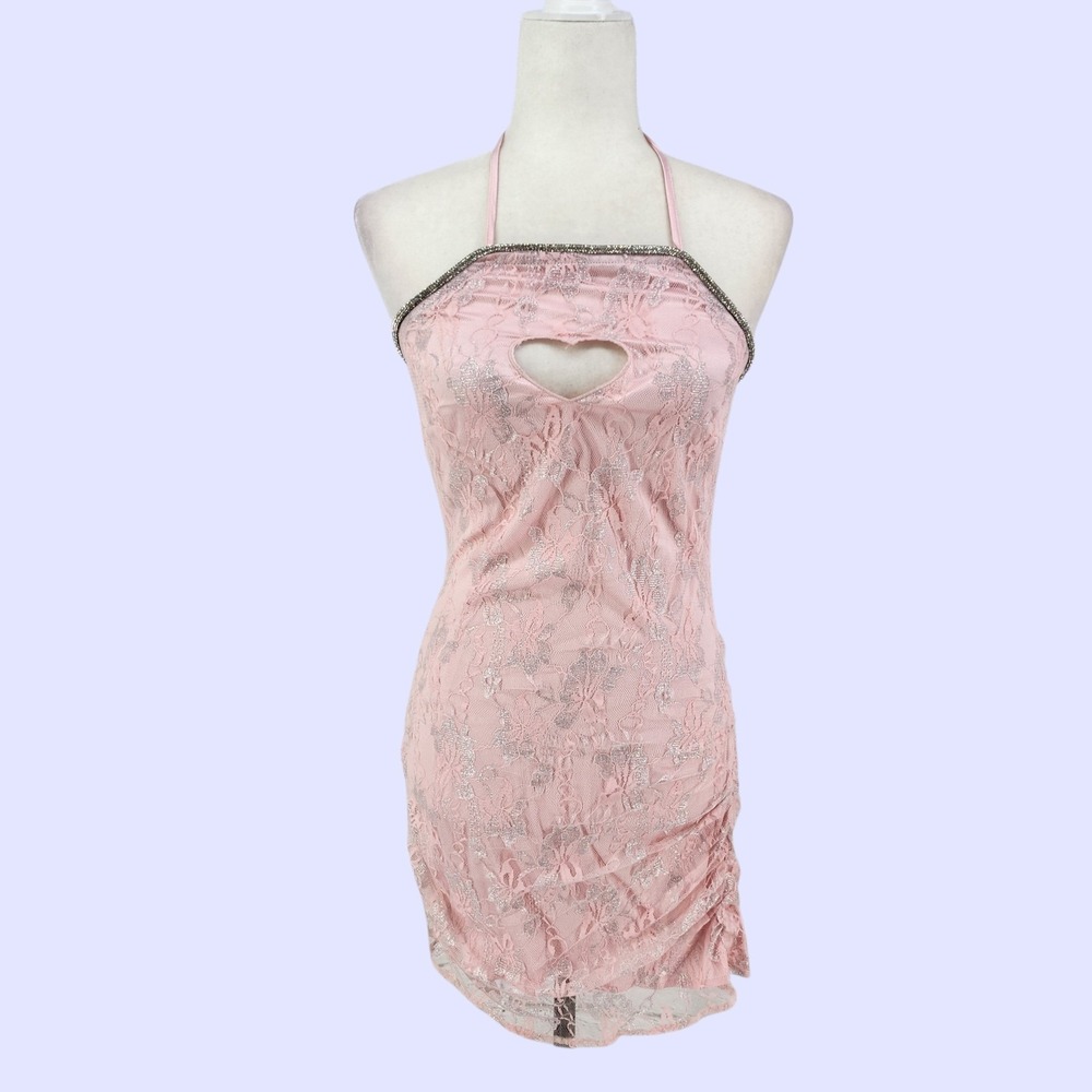 Vintage Y2K Mini Dress Rave Fairy Coquette Club Wear Pink Lace Halter Size Small